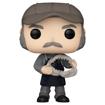 Funko Pop! vinyl figure of a character with a hat and mustache holding a great white shark jaw. aws 50th Anniversary Collectible Bobble Head Figurines by Funko Pop! Movies